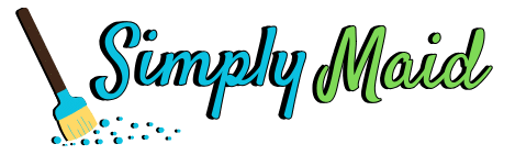 Simply Maid logo featuring a cleaning brush and scattered cleaning droplets, representing a professional cleaning service provider.